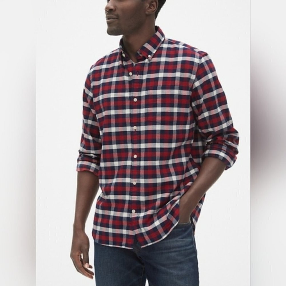 GAP Standard Fit Lived In Stretch Plaid Oxford Shirt Mens Medium NWT